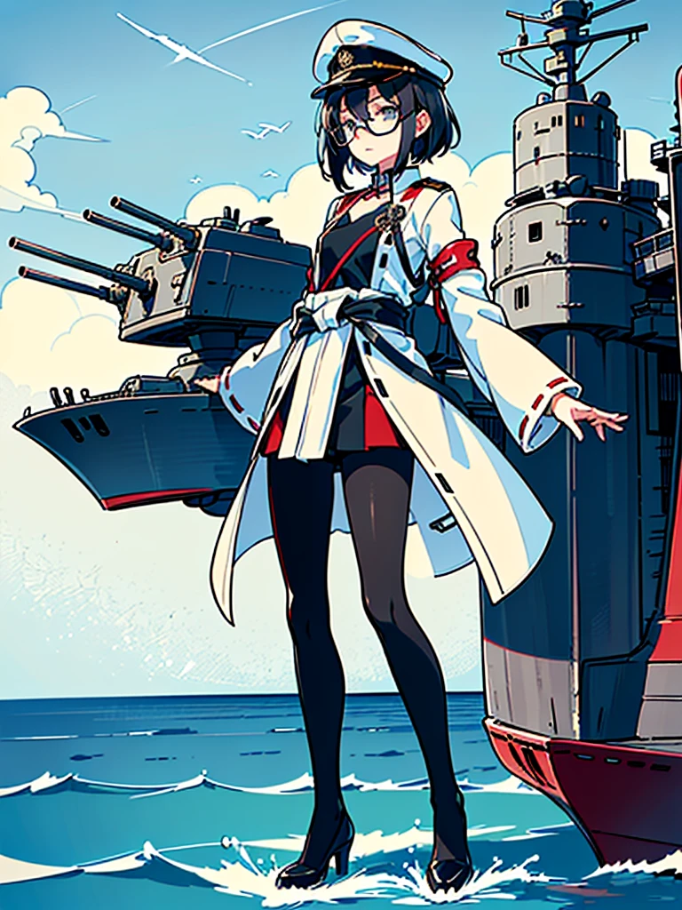 ((((Full body of a woman with perfect flat chest、Short unkempt black hair、white military jacket、Miko costume、tights、Black glasses、White military cap、Cloudy eyes、Sleepy expression)))), (((masterpiece))), (((Shipgirl))), ((Floating on the morning sea with both feet)), (Spread your legs wide open), (Hold the turret with your right hand), (Mechanical arms extending from the waist are used to equip the ship with battleship equipment.), (Equipped with a turret on the back), (Holds the turret with his left arm), Torpedo tubes strapped to thighs, Spreading the Machine&#39;s Wings, Machine tail,  shotgun, 