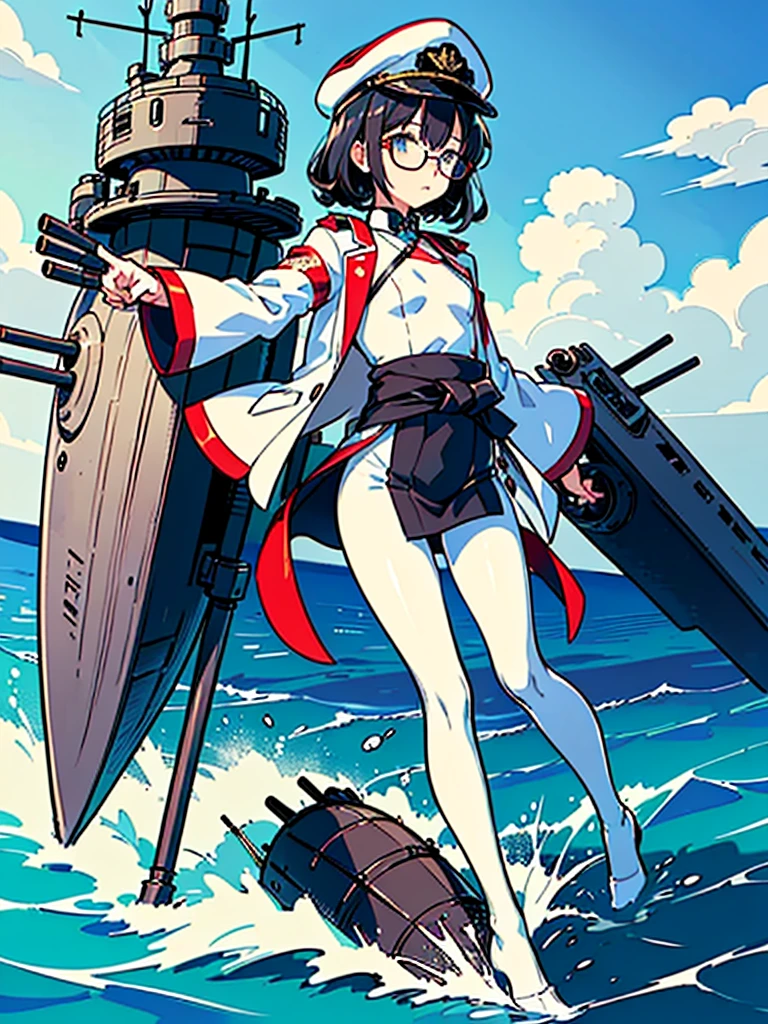 ((((Full body of a woman with perfect flat chest、Short unkempt black hair、white military jacket、Miko costume、tights、Black glasses、White military cap、Cloudy eyes、Sleepy expression)))), (((masterpiece))), (((Shipgirl))), ((Floating on the morning sea with both feet)), (Spread your legs wide open), (Hold the turret with your right hand), (Mechanical arms extending from the waist are used to equip the ship with battleship equipment.), (Equipped with a turret on the back), (Holds the turret with his left arm), Torpedo tubes strapped to thighs, Spreading the Machine's Wings, Machine tail, shotgun,
