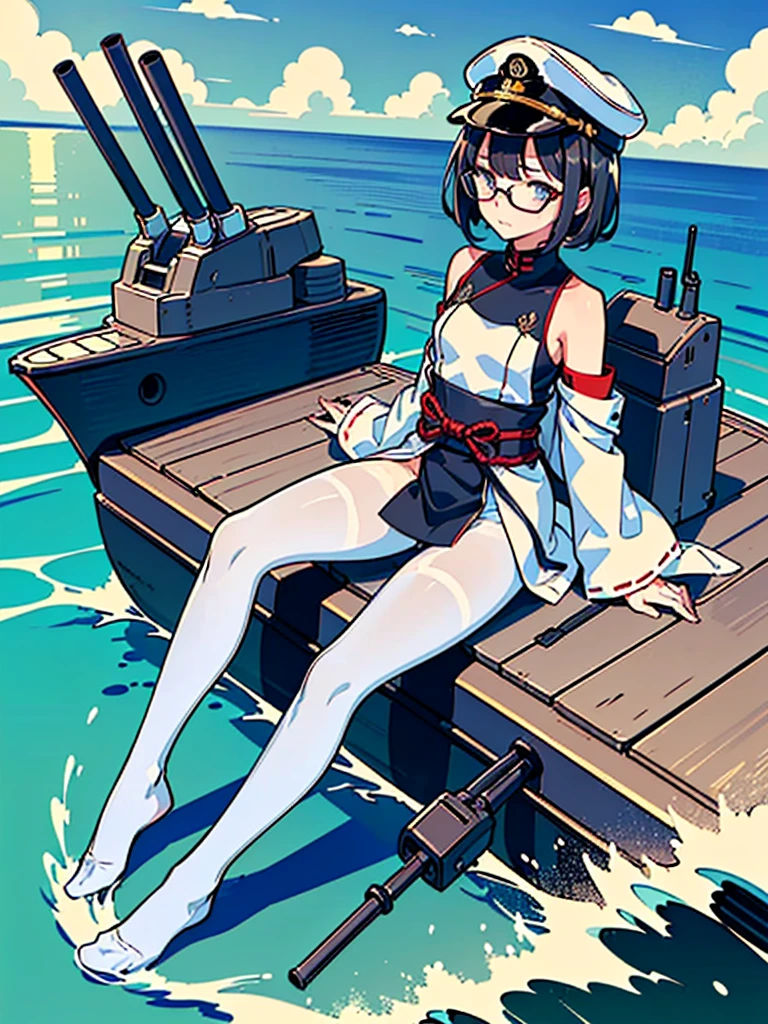 ((((Full body of a woman with perfect flat chest、Short unkempt black hair、white military jacket、Miko costume、tights、Black glasses、White military cap、Cloudy eyes、Sleepy expression)))), (((masterpiece))), (((Shipgirl))), ((Floating on the morning sea with both feet)), (Spread your legs wide open), (Hold the turret with your right hand), (Mechanical arms extending from the waist are used to equip the ship with battleship equipment.), (Equipped with a turret on the back), (Holds the turret with his left arm), Torpedo tubes strapped to thighs, Spreading the Machine&#39;s Wings, Machine tail,  shotgun, 