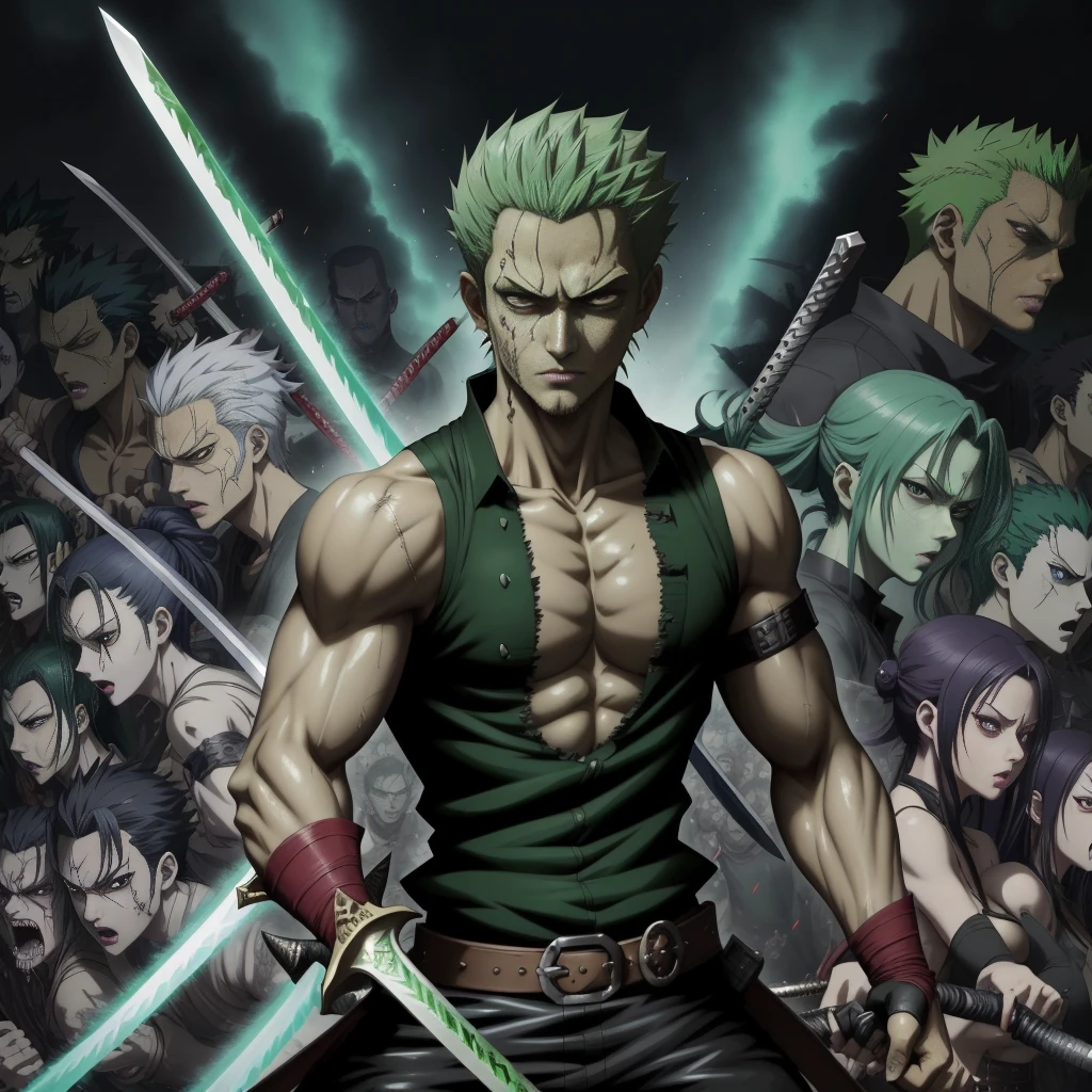 A close-up of a person wielding a sword against a horde of zombies, featuring Roronoa Zoro in a badass anime style, with 8K and 4K manga wallpapers, the best 4K anime from Konachan, epic anime artwork, a handsome character in Demon Slayer art, in the Demon Slayer art style, and 4K anime art wallpapers.