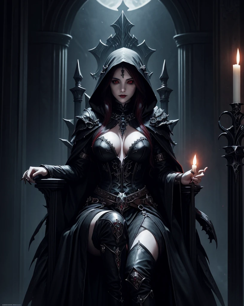(best quality), (masterpiece), (high resolution), [:intricate details:], (detailed background) a hooded sex vampire woman sitting on a throne with skulls around her, she has red eyes,her outfit has red color, her skin is white like a vampire, dark fantasy art, vampire queen, gothic fantasy art, dark sorceress, abaddon and magali villeneuve, dark fantasy style art, epic fantasy art style hd, evil sorceress, necromancer sorceress, dark fantasy art, beautiful necromancer, (sage aura effect around the throne)