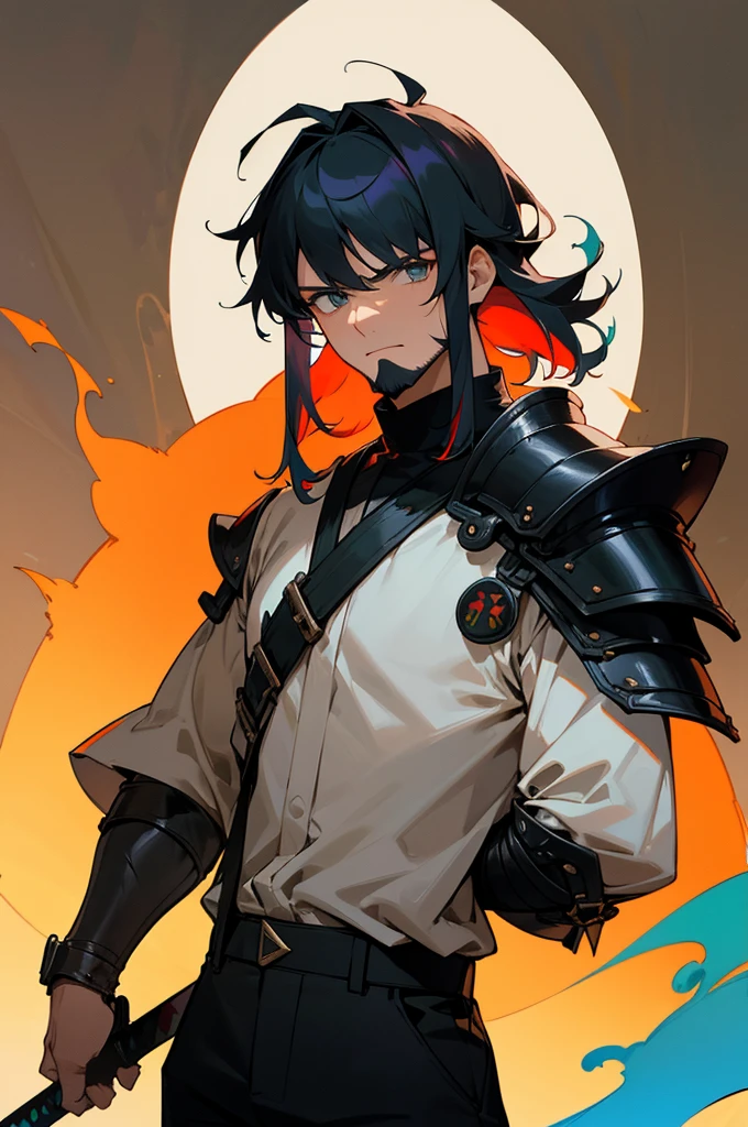 multi-color haired, two toned hair, young male, water in the background, surrounded by grass, lava background, white shirt, bangs covering head, medium length hair, black pants, one male, lean build, upper body, serious face, armor padding on body, sword hilt, bearded