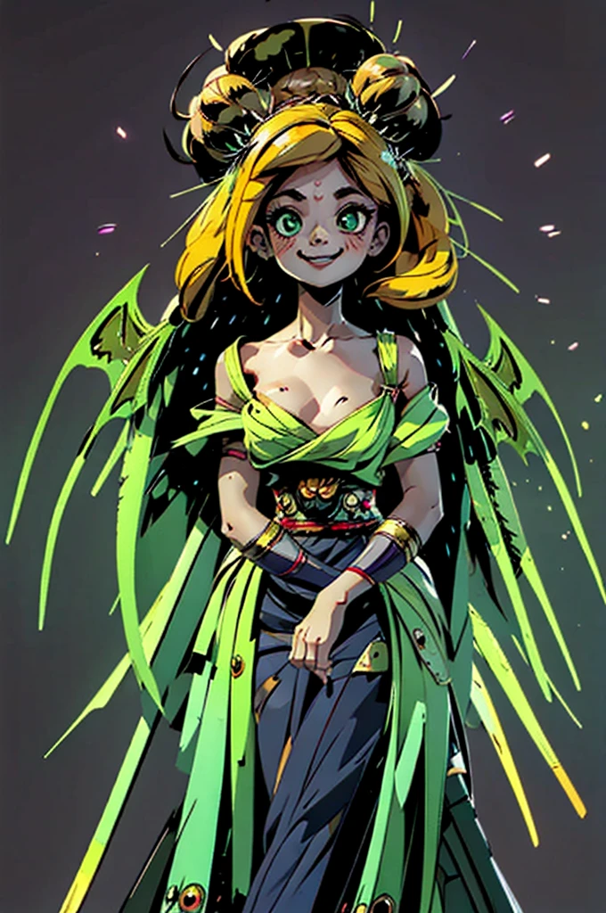 ((Masterpiece)), (((Top quality))), ((Ultra definition)), ((High quality face and limbs)), ((Arachne)), 1girl, sweet, kind, alone, young, soft, pure, semi human, egipan, monster musume, half spider body, spider legs, spider with big long legs and long arms, scary, bright blonde hair, yellow hair, green skin, green clothes, dress of spiderwebs, big green innocent eyes, flat chest, smiling with delight, arachnid style, main character, boss style, hades style, hadesstyle, hades2style, hades 2 style, Arachnea, silk weaver, Tartarus background, background with spider patterns, web patterns, centipede patterns, dragonfly background, dragonfly wings