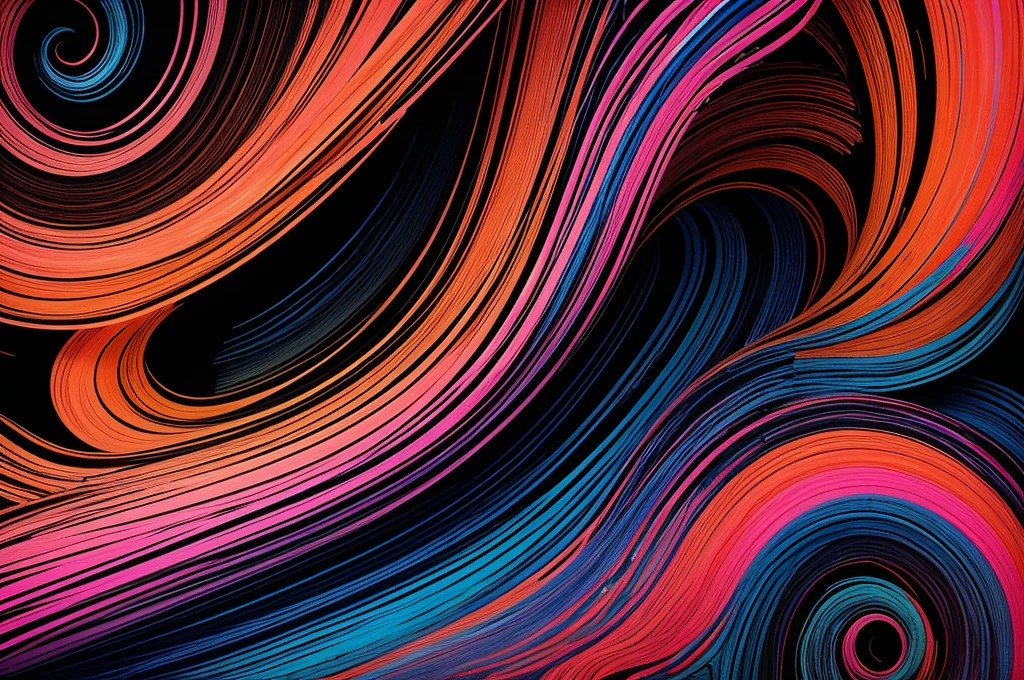 Colorful abstract wavy lines in shades of orange pink and blue against a dark background bold and slim lines brush strokes