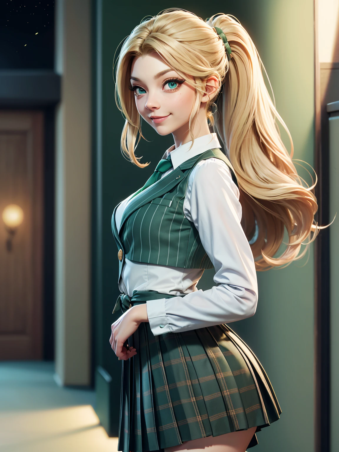 Natalie Dormer, 26 years, (One:1.1), Natalie Dormer, perfect face, (((Costume with skirt))), (((pleated school skirt))), (((Silk tie))), Windsor tie, (((White shirt))), cup size 2, (((night color jacket with 1 horizontal green stripe))), (((Night color skirt with 1 horizontal green stripe))), (((night color vest))), (((One focus, fully dressed, elegantly dressed, smiling, Elegant hairstyle, strand of hair in front, hair from back to waist, blonde hair, Green eyes, beautiful detailed eyes，bright students，（very good and beautiful），（Beautiful and detailed description of the eyes), [[gentle fingers and hands:0.55]::0.85], (detail fingers))), Facing the camera, (Background with：school corridor，mystical atmosphere), (Illustration, cartoon, Masterpiece, very detailed, Best quality，cinematic lighting，detailed background, A high resolution)