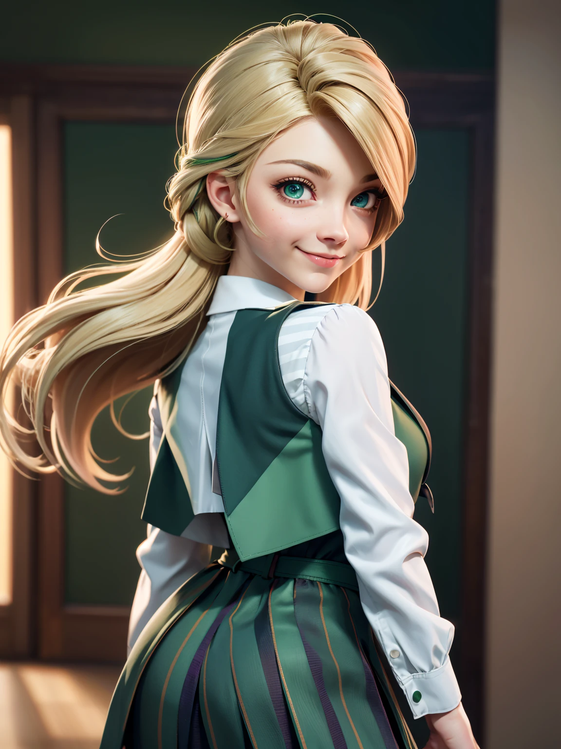 Natalie Dormer, 26 years, (One:1.1), Natalie Dormer, perfect face, (((Costume with skirt))), (((pleated school skirt))), (((Silk tie))), Windsor tie, (((White shirt))), cup size 2, (((night color jacket with 1 horizontal green stripe))), (((Night color skirt with 1 horizontal green stripe))), (((night color vest))), (((One focus, fully dressed, elegantly dressed, smiling, Elegant hairstyle, strand of hair in front, hair from back to waist, blonde hair, Green eyes, beautiful detailed eyes，bright students，（very good and beautiful），（Beautiful and detailed description of the eyes), [[gentle fingers and hands:0.55]::0.85], (detail fingers))), Facing the camera, (Background with：school corridor，mystical atmosphere), (Illustration, cartoon, Masterpiece, very detailed, Best quality，cinematic lighting，detailed background, A high resolution)