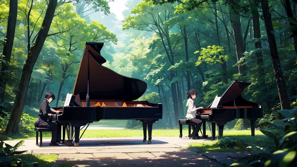青い紅葉のwoodの下置かれた黒いグランドピアノ、wood々の間からwood漏れ日がキラキラしている、Makoto Shinkai-style anime touch、Deep green forest、1 grand piano