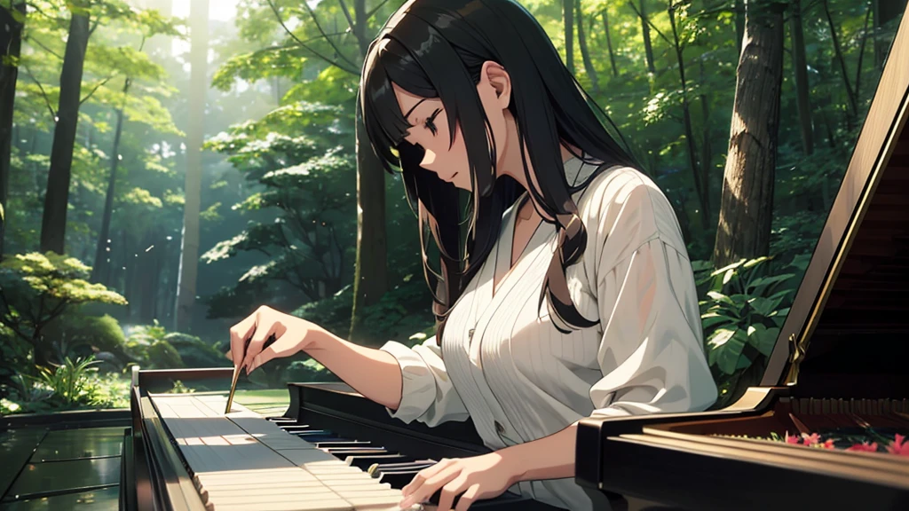 青い紅葉のwoodの下置かれた黒いグランドピアノ、wood々の間からwood漏れ日がキラキラしている、Makoto Shinkai-style anime touch、Deep green forest、1 grand piano