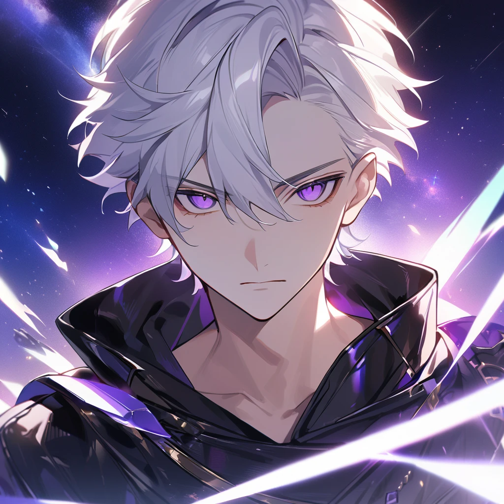 High quality, HD, 4k, handsome male, 1male, 17 years old, teenager, golden lining, short white hair, sharp eyes, dark purple eyes, deep purple eyes, devil may cry, close up, calm expression, stoic expression, black leather clothes, lean body, upper body, looking at viewer, cowboy shot, white solar, space background