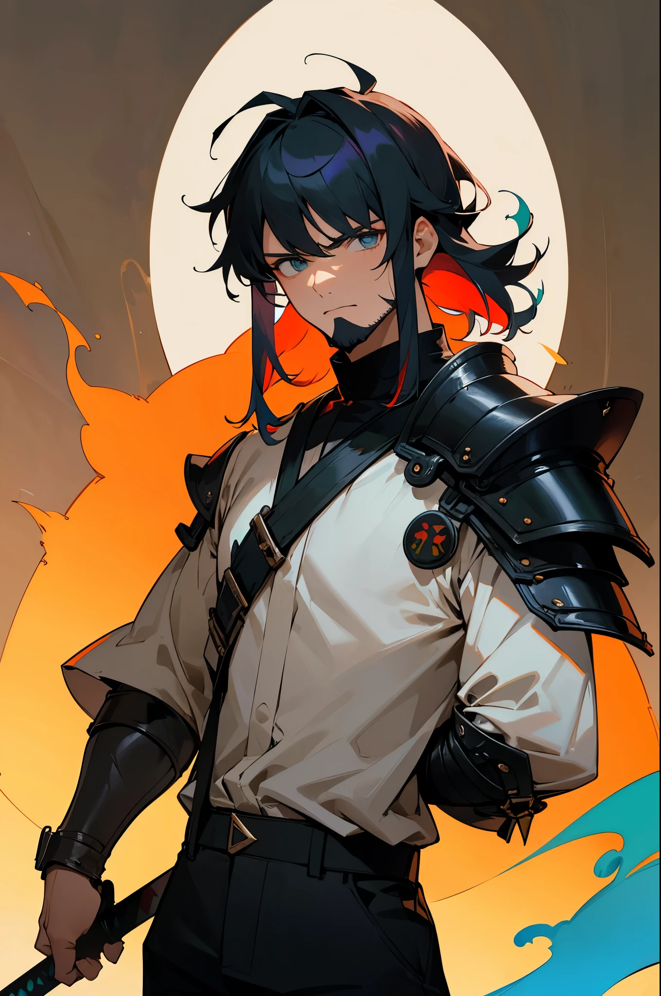 multi-color haired, two toned hair, young male, water in the background, surrounded by grass, lava background, white shirt, bangs covering head, medium length hair, black pants, one male, lean build, upper body, serious face, armor padding on body, sword hilt, bearded