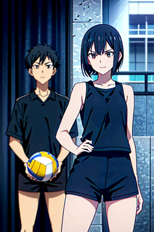 17-year-old girl, very dark black hair. She has a short hair, at the height of the chin. Pale skin. She puts a small smile on her face and wears a volleyball uniform. The uniform is navy blue and black. He's wearing shorts, the uniform tank top and volleyball leggings. Haikyuu!!