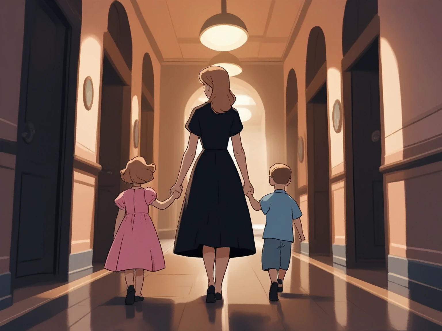 children's picture books,crayon paintings, , woman black dress, walking holding the hands of her son, blue t shirt and daughter pink dress in an administration hallway, old german style, indoor,
