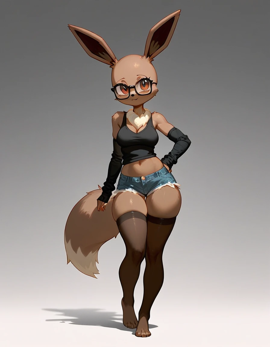 Solo, score_9,score_8_up,score_7_up, an Anthro furry female eevee pokemon, brown eyes, bald, tall slender body, wearing black tank top, nerdy glasses, black arm warmers, jean shorts, black thigh highs with exposed toes, toes
