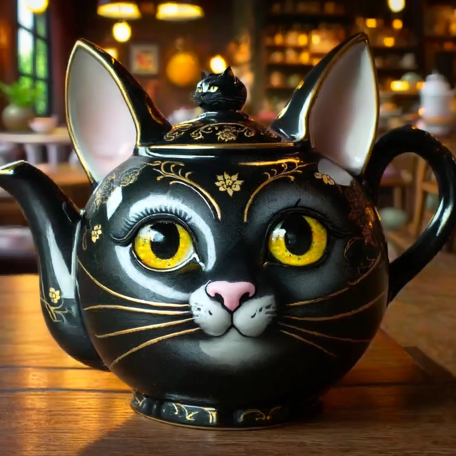 there is a black cat teapot with yellow eyes on a table, the cat is drinking tea, teapot, teapots, cheshire cat drinking tea, cat design, extremely intricate, by Li Mei-shu, teapot : 1, lisa parker, inspired by Miao Fu, gorgeous, the cheshire cat, whimsical, portrait shot, very detailed and high quality, highly intricate