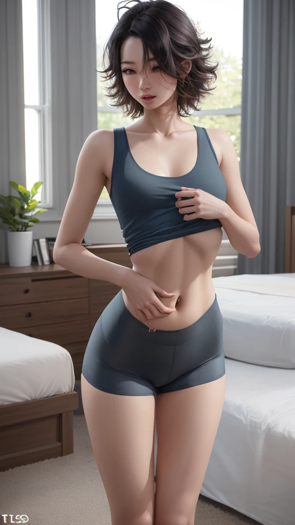 (ultra realistic, highly detailed:1.4), best quality, masterpiece
girl, tall asian woman, androgynous, gray tank top and panties, bent over, bedhead, flat chest, ((longtorso, ltso):1.4), tall