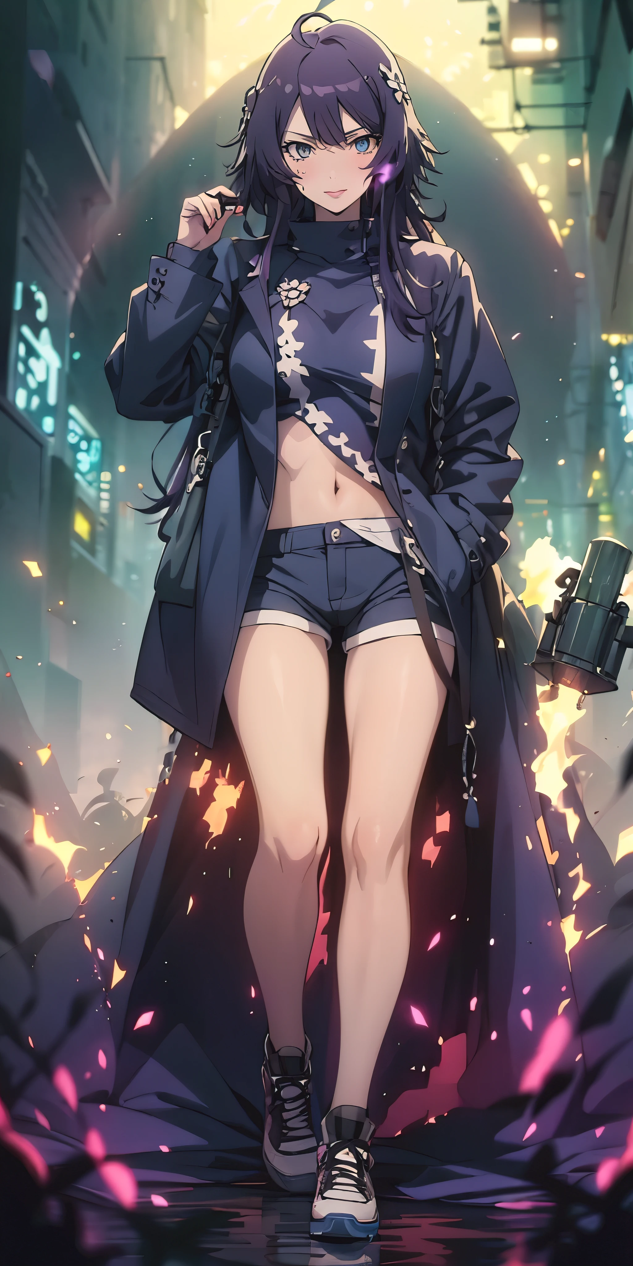 MC, ahoge, (long hari, purple hair:1.3), hair ornament, dark-blue eyes, anatomically correct, heavy breathing, mature female, 1girl, solo, pantyhose, standing, coat, full_body, looking_at_viewer, black_legwear, smile, casual, closed_mouth, shoes, turtleneck, simple_background, blush, bangs, jacket, tree, bamboo, forest, smoke, water drop, spotlight, bokeh, (bootyshorts:1.4), sneakers, hollow eyes, bright pupils, dark-blue eyes, looking at viewer. glowing eyes heavy breathing, seductive smile, (steaming face:1.3), blush face, lips,