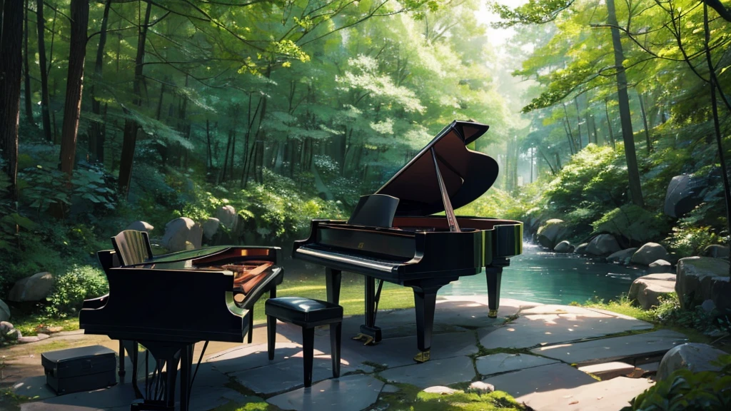 青い紅葉のwoodの下置かれた黒いグランドピアノ、wood々の間からwood漏れ日がキラキラしている、Makoto Shinkai-style anime touch、Deep green forest、1 grand piano
