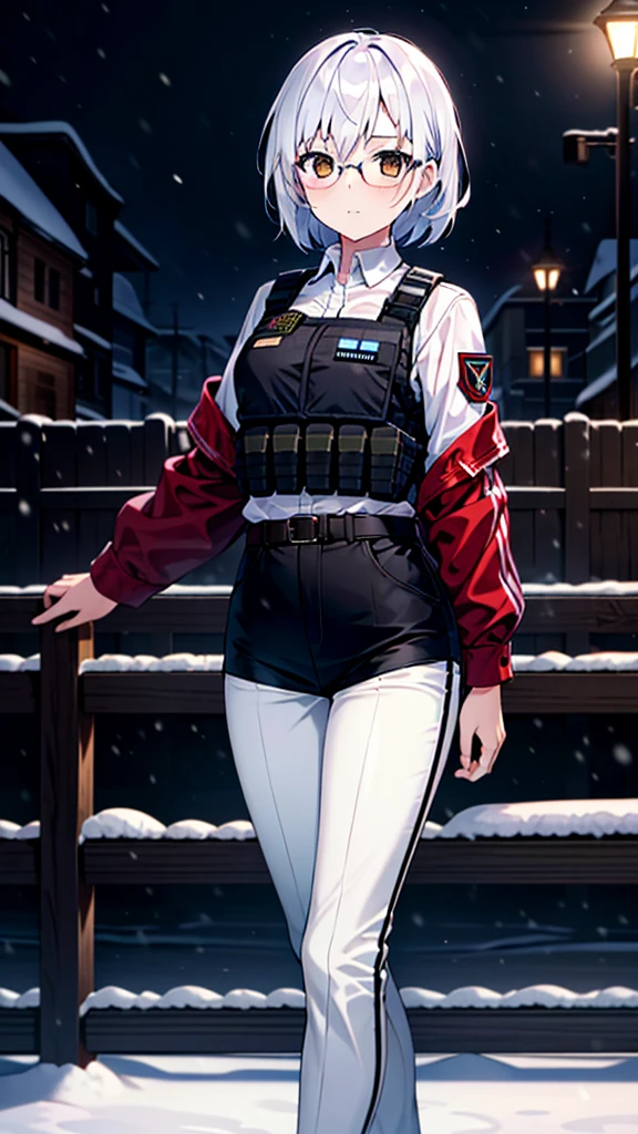 Masterpiece, 1girl, solo, female, white hair, white shirt, black pants, bulletproof vest, short hair, brown eyes, perfect body, cowboy shot's, standing, perfect arms, perfect leg, glasses, female soldiers, snowy, night, outdoor