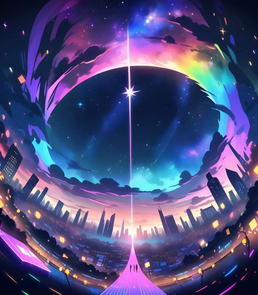 Night city，Starry Sky，Colorful sky gap