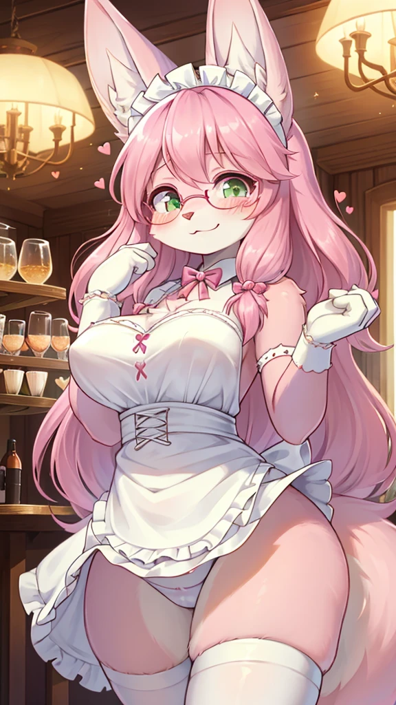 Best quality,The best decision,(fluffy anthro fluffy :1.6),(young :1.6), bunny girl,,Wavy hair,voluminous hair,long hair,Pink rabbit ears,pink bunny tail,(pink fur :1.6),green eyes,sparkling eyes,sparkling eyes,huge round glasses,maid outfit,maid headdress,(white maid gloves),(white stockings),butterfly ribbon,I look at the viewer,full face blush,beautiful cafe,Romantic light,Light and shadow,Heart eyes,eyes with a heart expression,seductive face,smile,stand,sexy pose