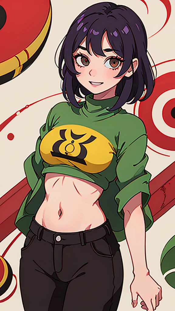 25 year old girl manga style ,delgada con cabello corto color  estilo bob color amarillo,ojos verdes oscuros, con mirada linda  y sonrisa  con busto estilo nanatsu no taizai,with anime style clothes,with top and crimson red chameleon tattoo on the abdomen 