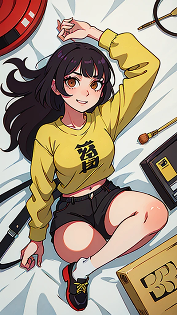 25 year old girl manga style ,delgada con cabello corto color estilo bob color amarillo,ojos verdes oscuros, con mirada linda y sonrisa con busto estilo nanatsu no taizai,with anime style clothes,with top and crimson red chameleon tattoo on the abdomen
