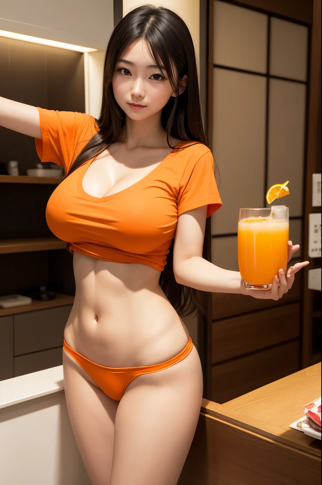 A beautiful Japanese girl with sexy body, huge breasts, huge breasts and open T-shirt Orange, holding a glass of orange juice