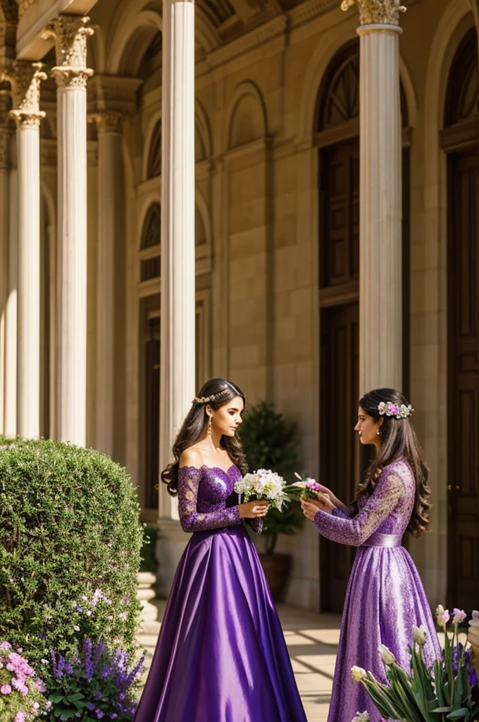 Brunette woman in purple dress hands a flower to a commander outside in the garden of an opulent hall