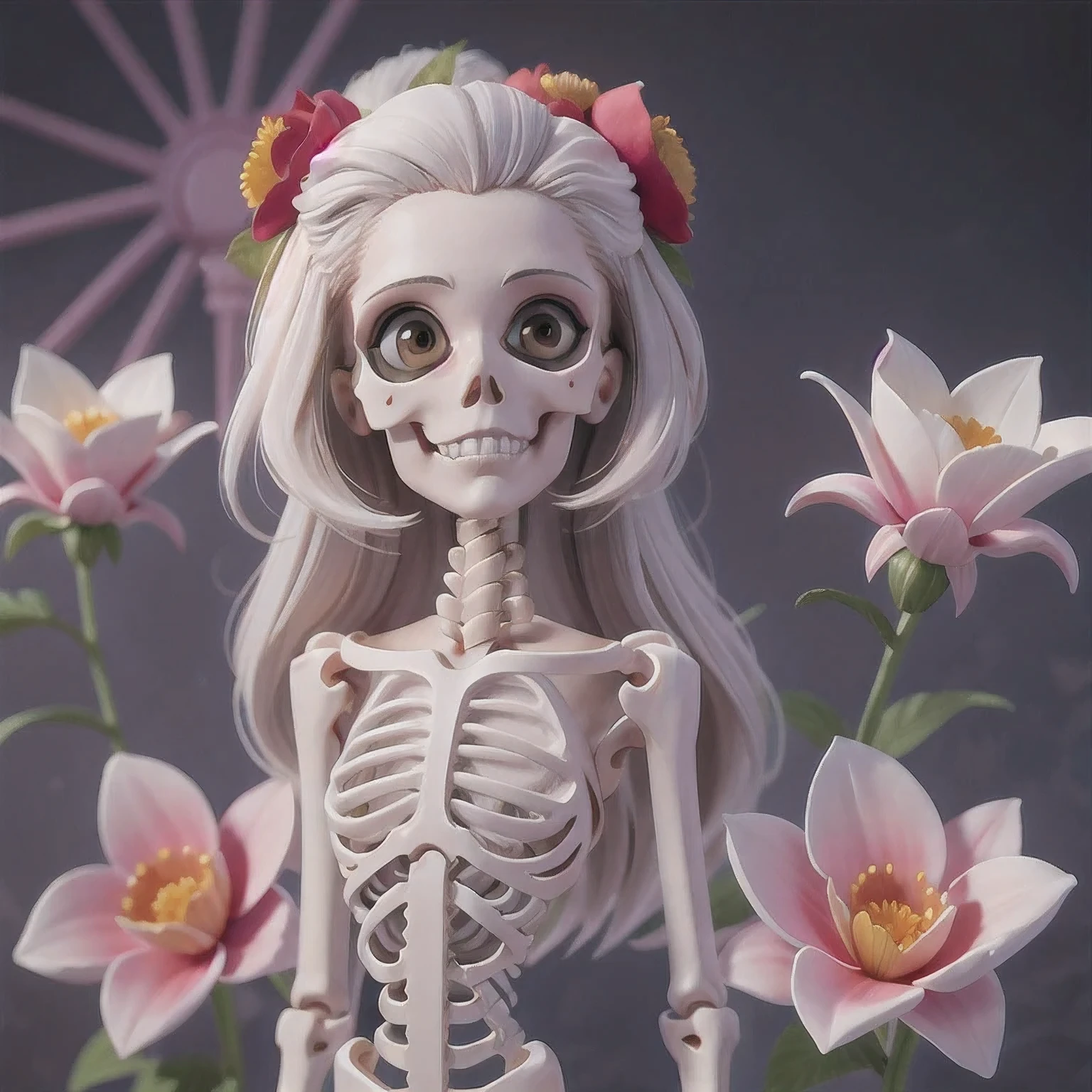 skeleton with flower in hair standing against grey background, anatomically correct skeleton, skeleton girl, skeleton, skelleton, skeletal, half woman half skeleton, anatomically accurate skeleton, thin skeleton, skull bones flowers, fleshy skeletal, titanium skeleton, cute skeleton, fleshy skeletal body, flowers grow from the body, human skeleton, female death, highly detailed skeleton