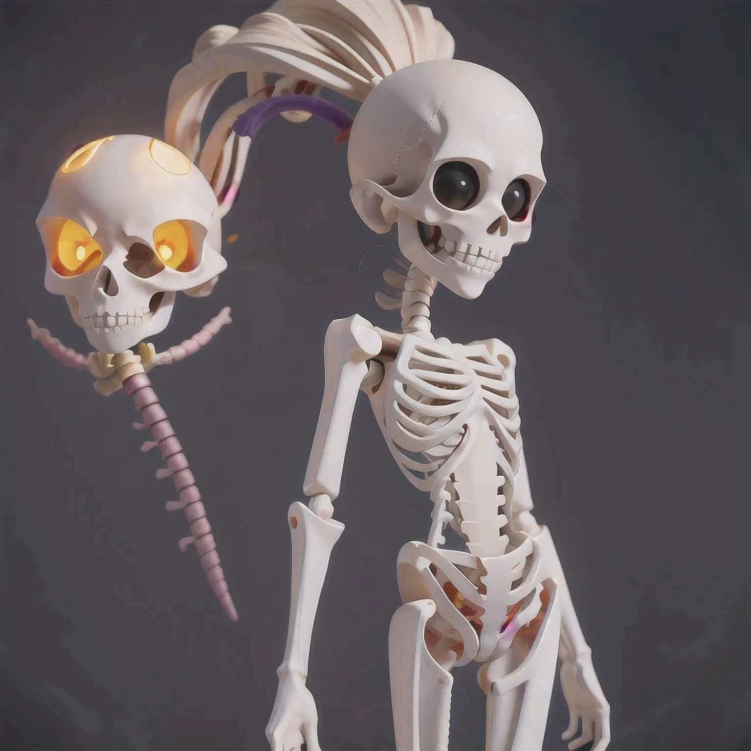 skeleton with flower in hair standing against grey background, anatomically correct skeleton, skeleton girl, skeleton, skelleton, skeletal, half woman half skeleton, anatomically accurate skeleton, thin skeleton, skull bones flowers, fleshy skeletal, titanium skeleton, cute skeleton, fleshy skeletal body, flowers grow from the body, human skeleton, female death, highly detailed skeleton