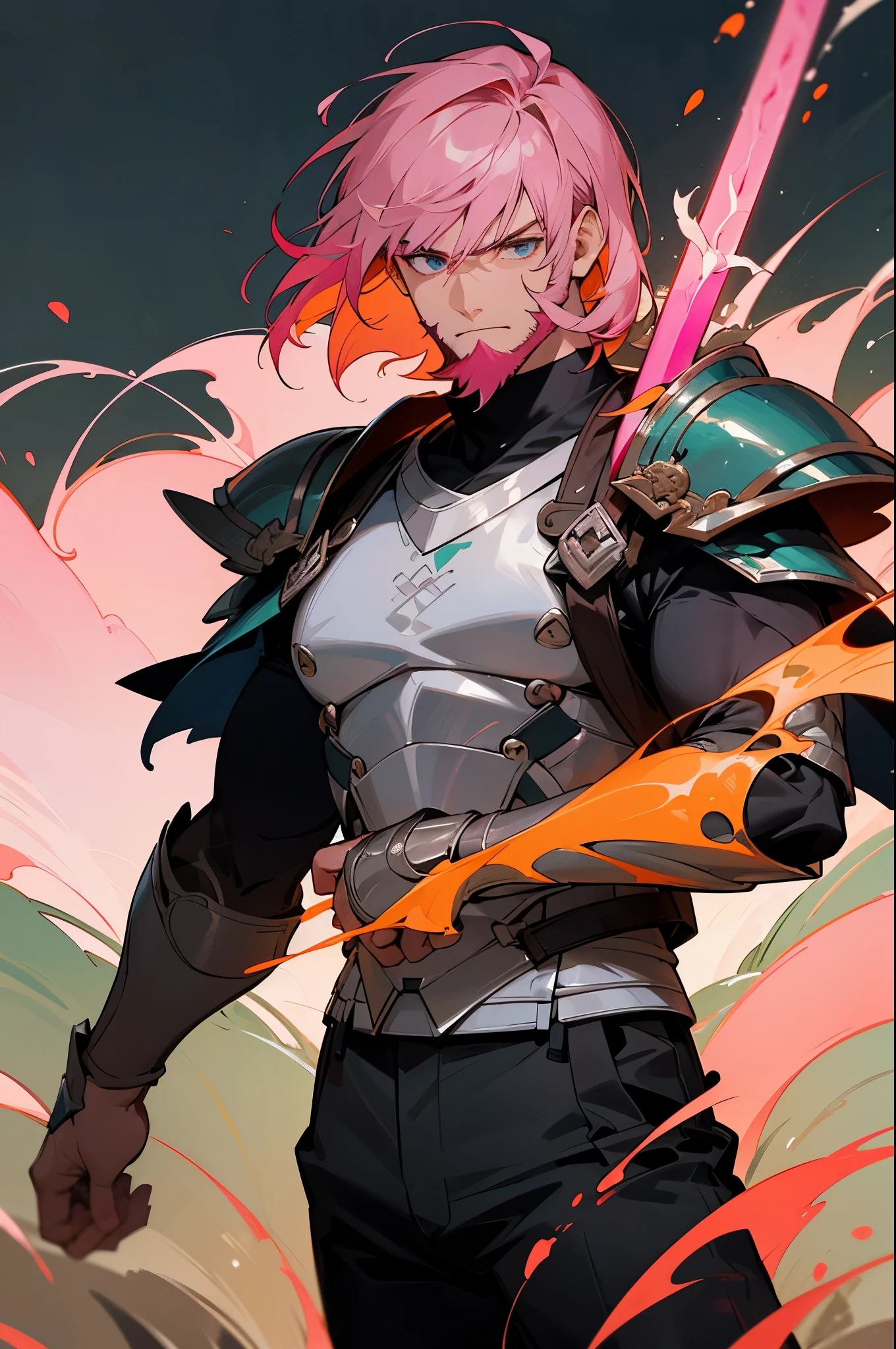 multi-color haired, two toned hair, young male, water in the background, surrounded by grass, lava background, white shirt, bangs covering head, medium length hair, black pants, one male, lean build, upper body, serious face, armor padding on body, sword hilt, bearded, muscular, pink hair