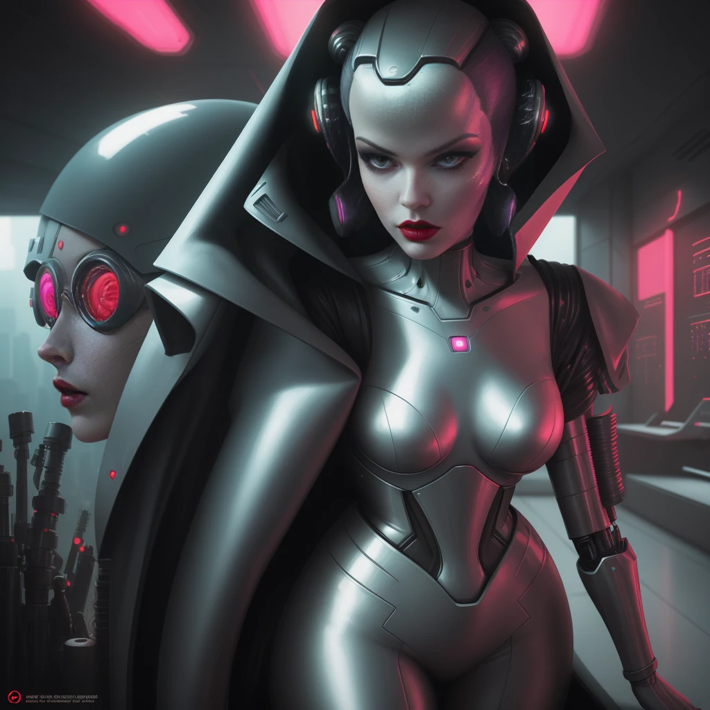 A close-up of a woman adorned with a futuristic helmet and red lipstick, embodying the cyberpunk essence of Jackie Welles, CGSociety 9, in a retro-futurism style. A stunning android woman, captured in a portrait that reflects retro futuristic fashion, reminiscent of a still from the movie Blade Runner. A female cyborg stands in a data center, exuding a Moebius aesthetic, akin to a sci-fi scene featuring an alien cyborg.