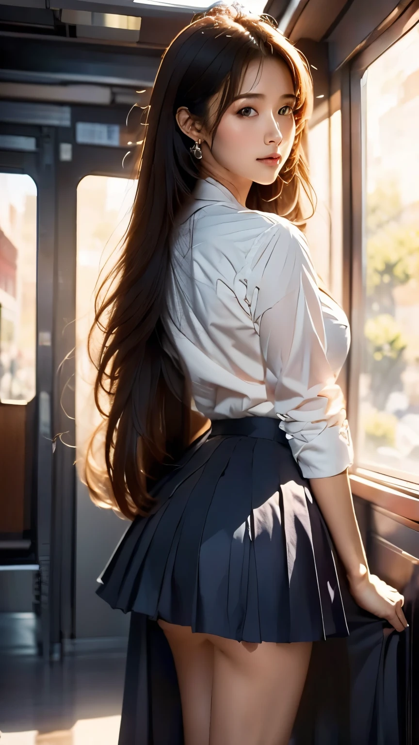 ((masterpiece, Highest_quality)), One Girl, (Realistic:1.4), alone, white_background, black_hair, length_hair, zettai_ryouiki, skirt, ((full_body)),In a crowded train、Absolute area