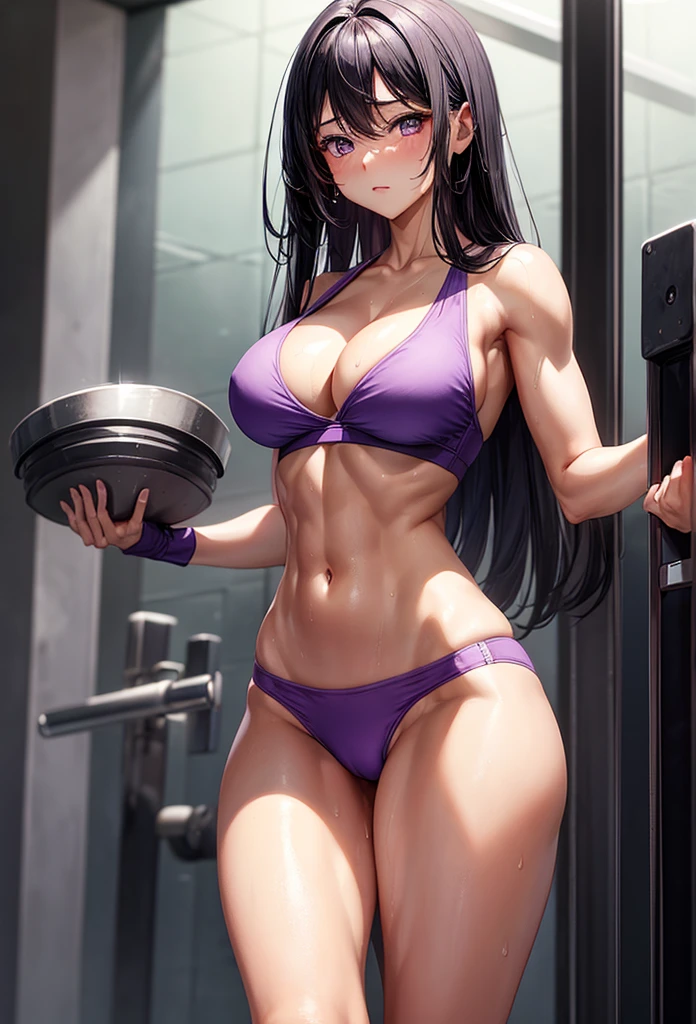 beautiful girl、Big Breasts、Black Hair、Long Straight、Great style、Nice body、Abdominal muscleuscular、Training Gym、Light purple bra top、Cleavage、Light purple bikini pants、Beautiful buttocks、Toned Legs、Are standing、The whole body is visible、Sweaty skin、Training socks、One girl