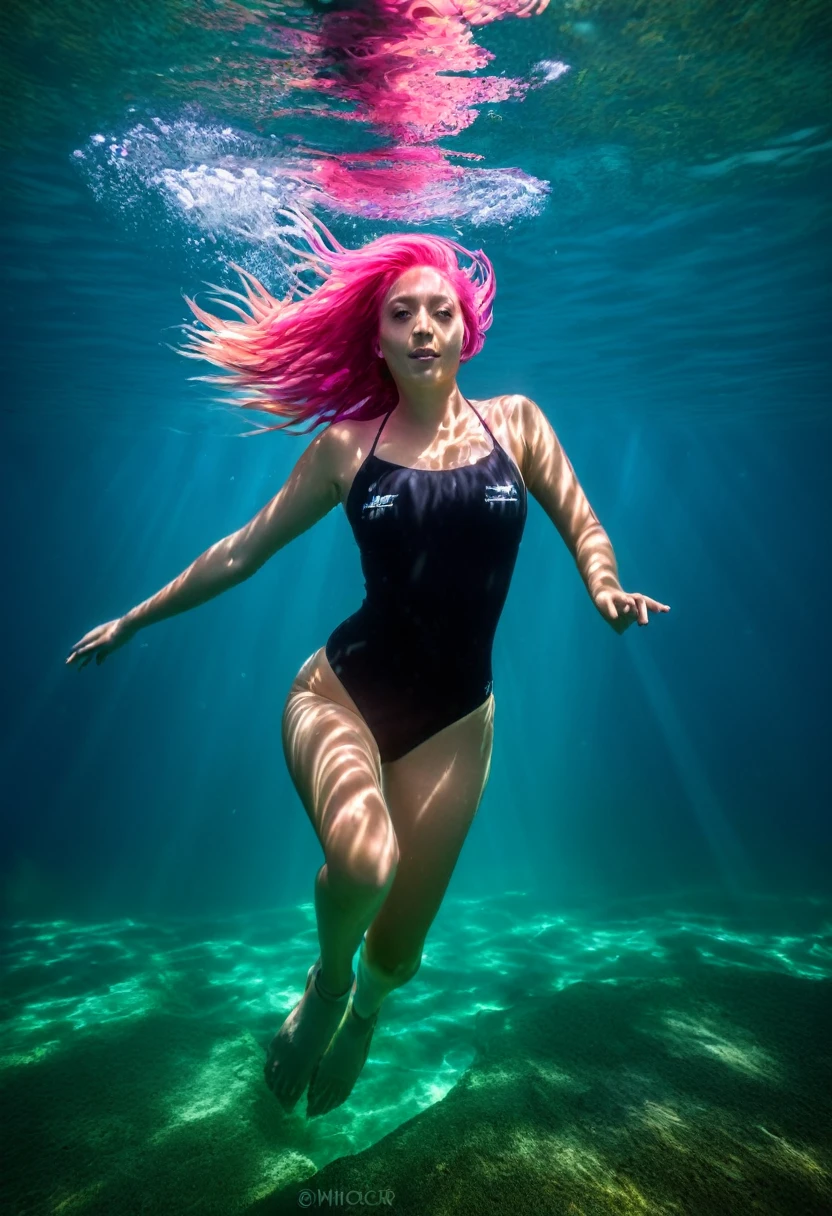 beautiful woman with long pink hair, in a balck bikini swimming under water, swimming underwater, Swimming underwater, swimming underwater, underwater light rays, subaquatic photography, floating underwater in a lake, floating under the water, underwater glow, deep underwater, Nadar no Oceano, underwater, underwater photo, swimming to surface, incredible depth, Underwater perspective, underwater looking up, luz de , filmic grain, Fujifilm XT3, (Rosto alto e detalhado:1.1), (tons suaves:1.25), (HDR:1.25), (art-station:1.2), (detalhes intrincados:1.14), (hyperrealistic 3 d render:1.16), (filmic:0.55), (Rutkowski:1.1),
