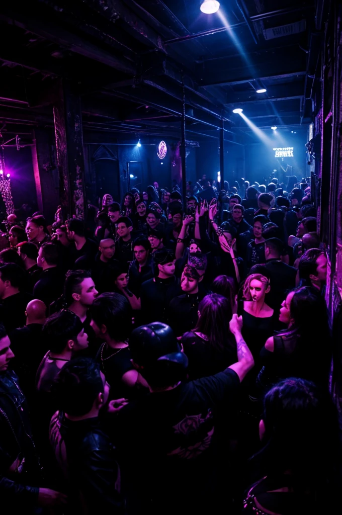 Crowded Goth style night club with Paintings of bats and castles on the walls. and Goths dancing with punk rockers and emo kids. Foggy neon lights. Industrial goth. Chains and spikes. Black metal music. Bar and dance floor.