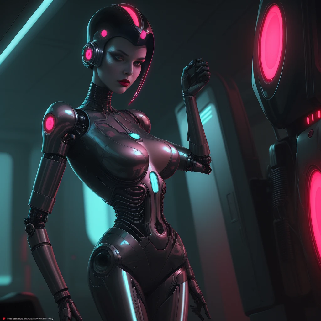A close-up of a woman adorned with a futuristic helmet and red lipstick, embodying the cyberpunk essence of Jackie Welles, CGSociety 9, in a retro-futurism style. A stunning android woman, captured in a portrait that reflects retro futuristic fashion, reminiscent of a still from the movie Blade Runner. A female cyborg stands in a data center, exuding a Moebius aesthetic, akin to a sci-fi scene featuring an alien cyborg.