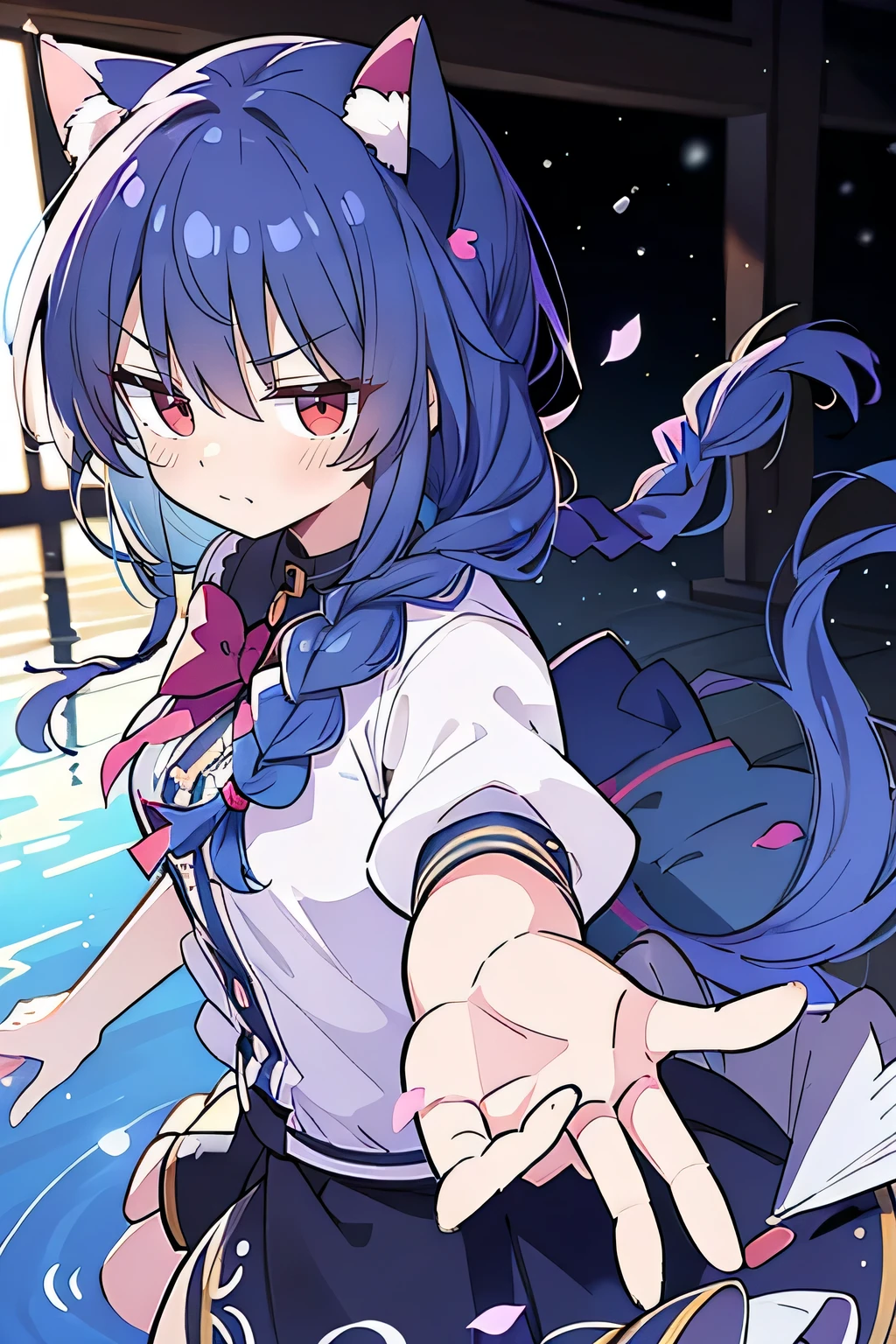 (masterpiece:1.2),Super detailed,lifelike,Expressive eyes,fair skin,perfect face shape,1 girl,
Japanese comics,Gorgeous blue hair,flowing blue hair,flowing clothes,Cat ears,Petals fall,beautiful lola,Baby Angel,
Shaking head with one hand,Cross your legs,Gentle and peaceful background,The pavilion is cool and comfortable,smile, wearing hoodie, background of tokyo,back views,snowing, winter,lie on the water.(Best Quality: 1.3), (Masterpiece: 1.3), (Illustration: 1.3), (Ultra Detailed: 1.3), (Imide Lens: 0.9), 1girl, Medium Breasts, Purple Eyes, ((Dark Blue Hair) ), hair accessories, young, clothing-gladiia, long hair, dark blue hair, indoors, black shorts, high socks, low ponytail, expressionless, upper body, close-up, coat, skirt,fgo style,like \(destiny\), like Adult, hair length, underwear, masterpiece, Top quality, 1 Girl, looking at the audience,(((braid)))、shameful face、Embarrassed face、Long body、huge 、