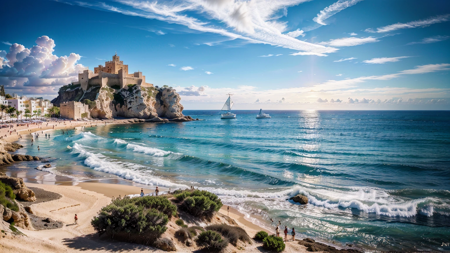 (Castell de Eivissa beach in Ibiza, Spain, background with water, yachts, boats, detailed architecture, people, vibrant atmosphere), (best quality,4k,8k,16k,Highest,masterpiece:1.2),(realistic,photorealistic,photo-realistic:1.37), (extremely detailed CG unit, 16k wallpaper), 16k UHD, 16k HDR, Fujifilm XT3 sharp focus, professional lighting, vivid colors, intricate details, film grain, Fujifilm XT3 realistic painting art, f5.6, physically-based rendering, natural lighting, cinematic lighting ,dramatic lighting, professional, dynamic movement, colorful lighting, vibrant colors, studio lighting, professional photography, cinematic composition, symmetrical framing, landscape,