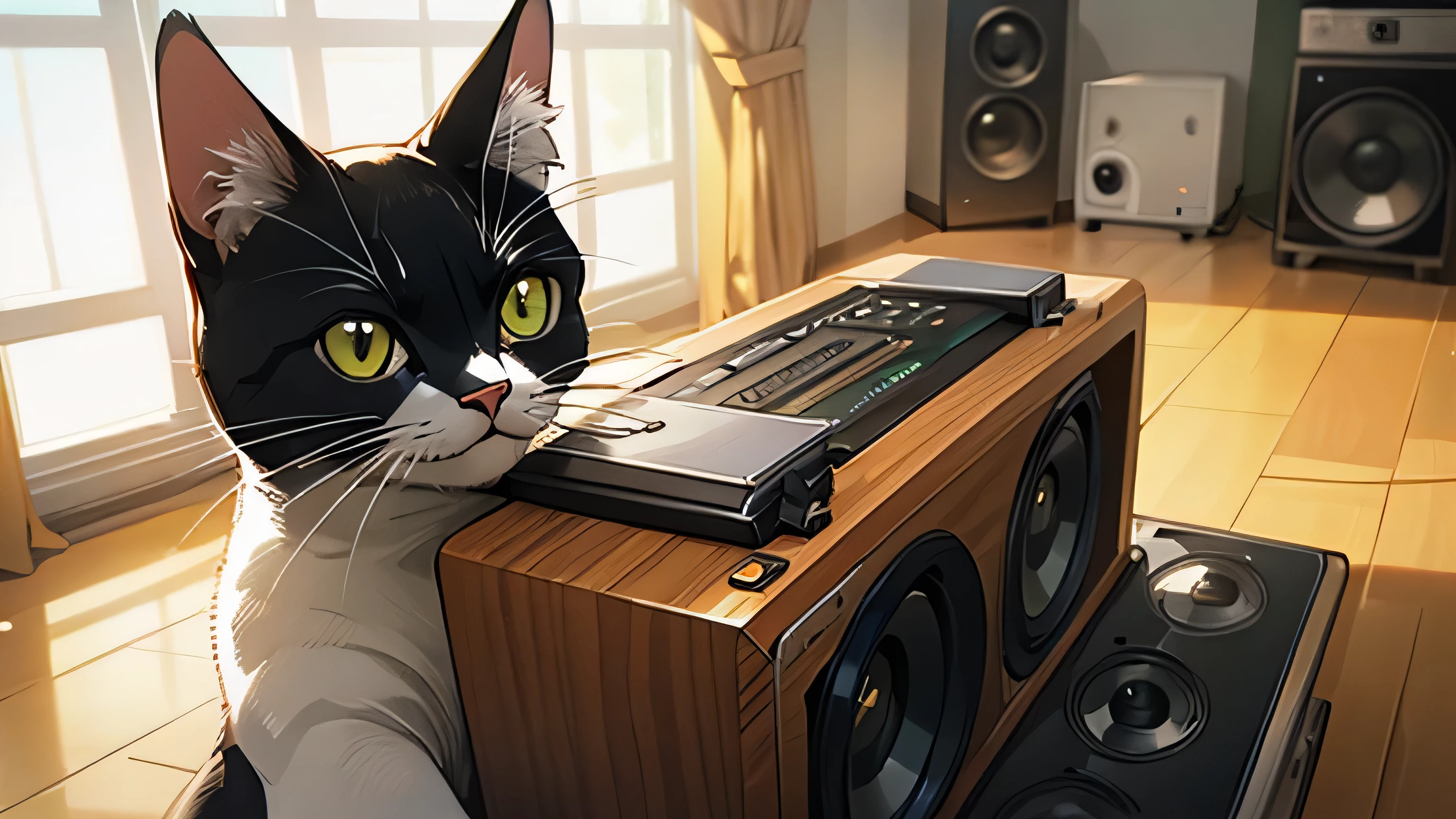 Room with speakers、Real Cat、Upper body close-up、noon