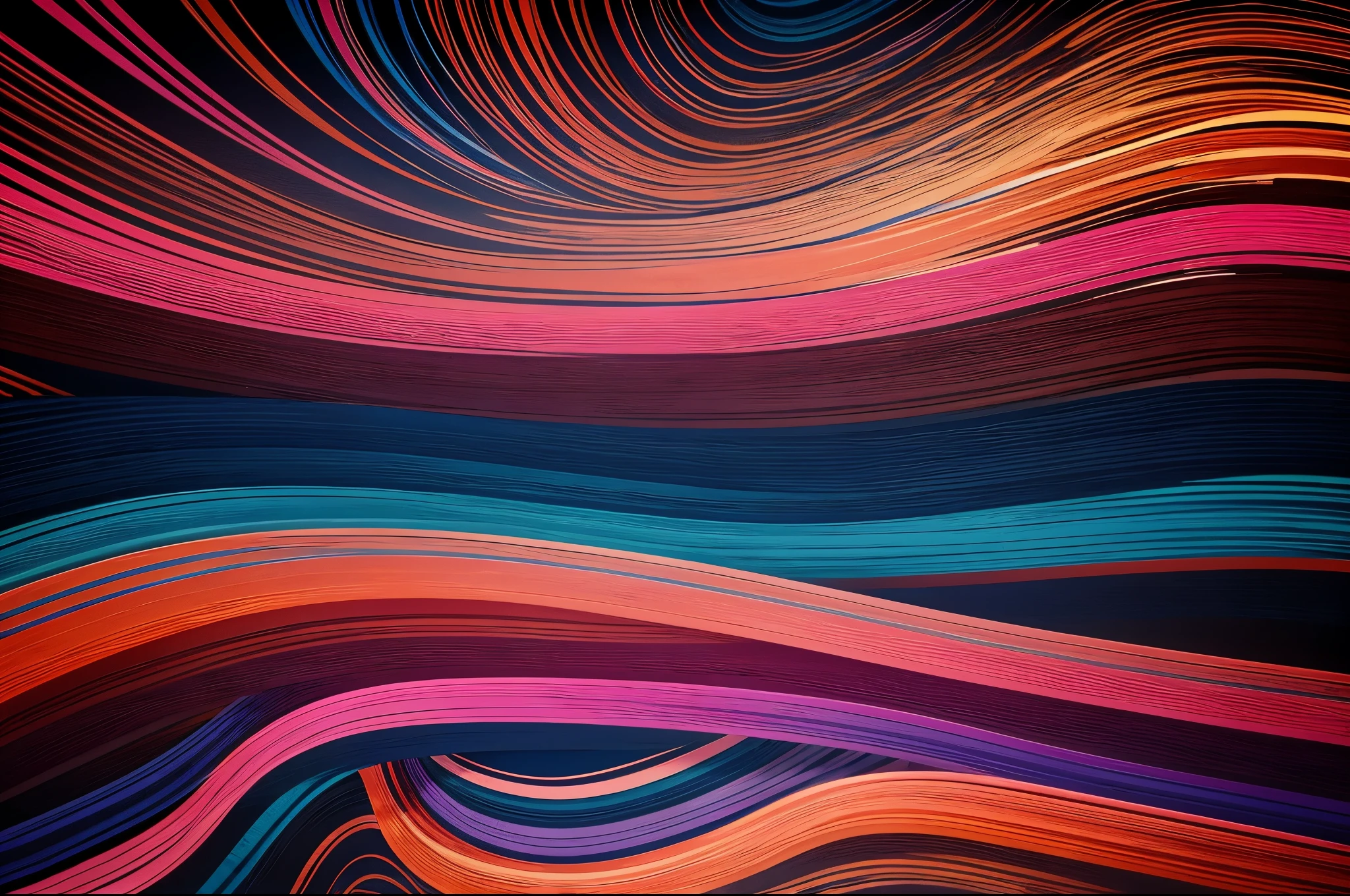Colorful abstract wavy lines in shades of orange pink and blue against a dark background bold and slim lines brush strokes