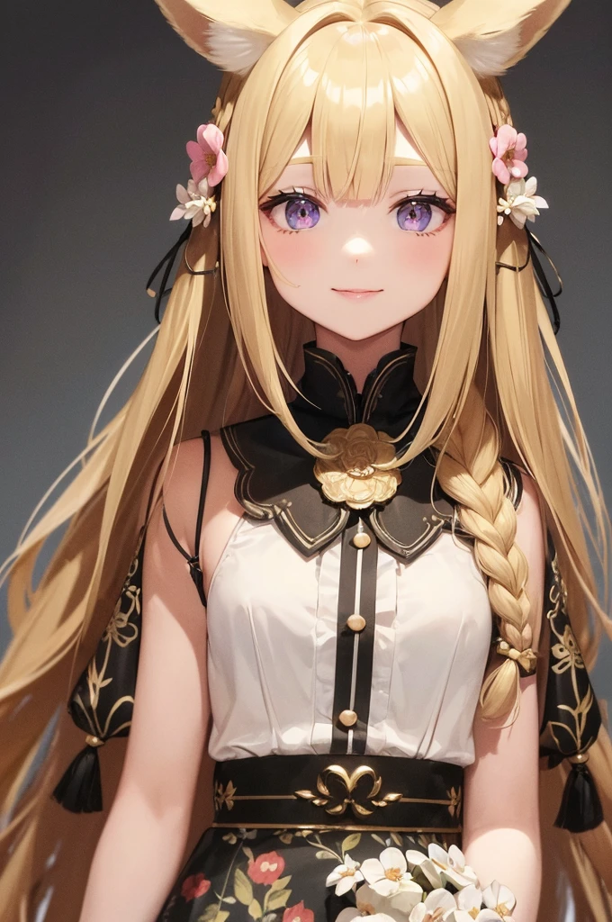 1girl, solo,  long hair, looking at viewer, smile, bangs, blonde hair, hair ornament, holding, animal ears, light blonde eyes, upper body, braid, flower, hair flower, bunny ears , twin braids, lips, animal, watermark , rabbit, head crown, holding animal, flower crown