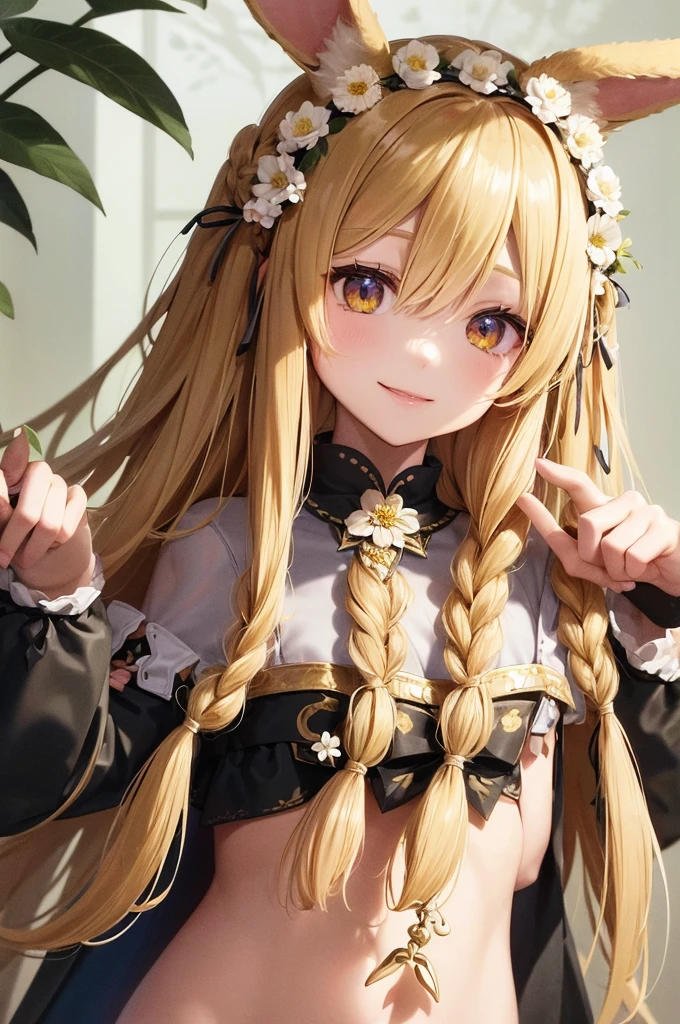 1girl, solo,  long hair, looking at viewer, smile, bangs, blonde hair, hair ornament, holding, animal ears, light blonde eyes, upper body, braid, flower, hair flower, bunny ears , twin braids, lips, animal, watermark , rabbit, head crown, holding animal, flower crown