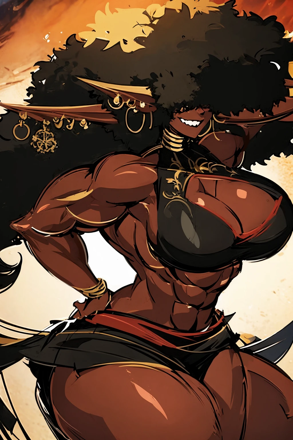 (masterpiece, best quality:1.2),1 girl, voluptuous body, full body, masterpiece, dominant pose, good anatomy, no extra limbs, big ass, thick thighs, black hair, voluminous afro, pointy ears, gold earrings, black top with red details, black skirt with red details, gold necklaces. while hips huge ass hair covering eyes no eyes