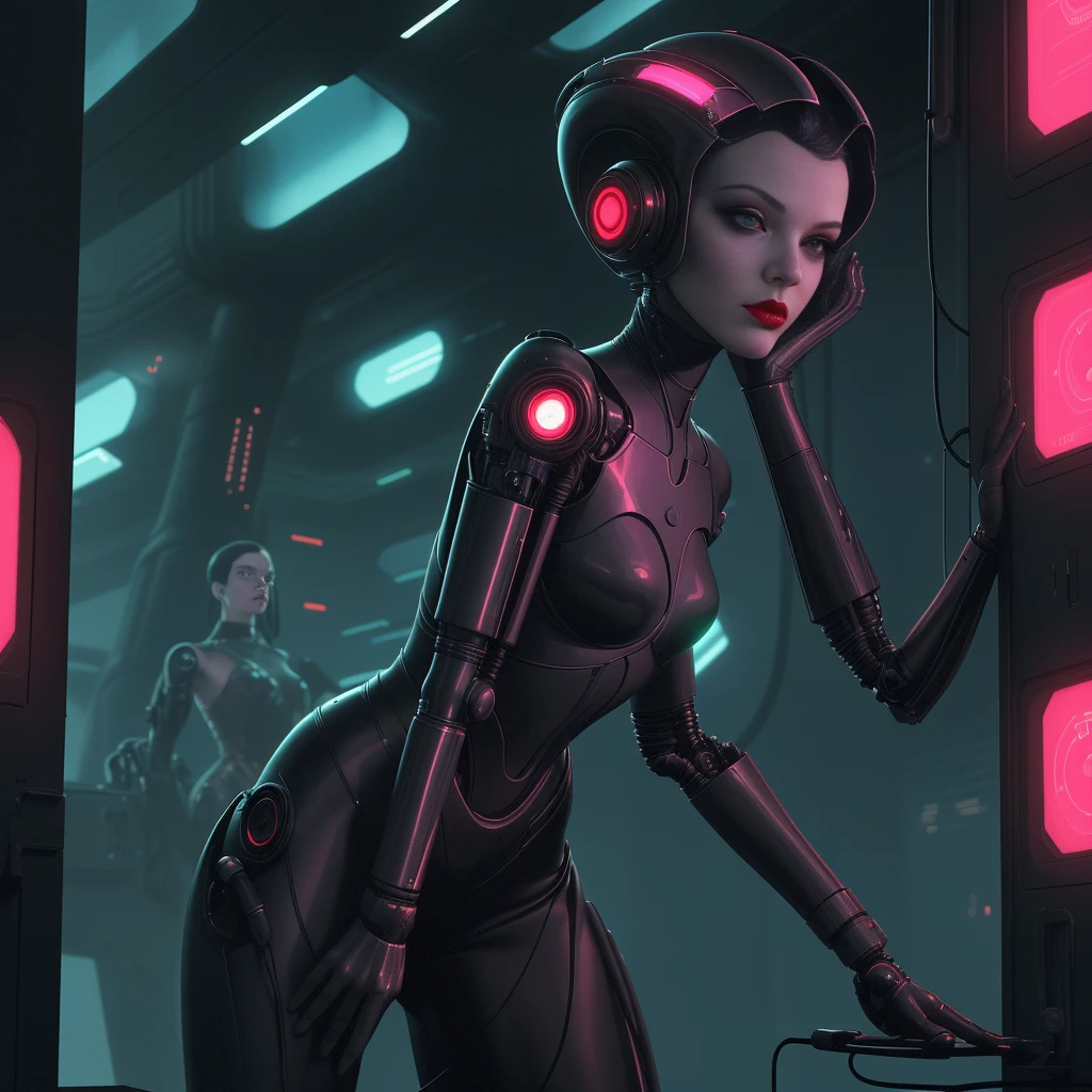 A close-up of a woman adorned with a futuristic helmet and red lipstick, embodying the cyberpunk essence of Jackie Welles, CGSociety 9, in a retro-futurism style. A stunning android woman, captured in a portrait that reflects retro futuristic fashion, reminiscent of a still from the movie Blade Runner. A female cyborg stands in a data center, exuding a Moebius aesthetic, akin to a sci-fi scene featuring an alien cyborg.