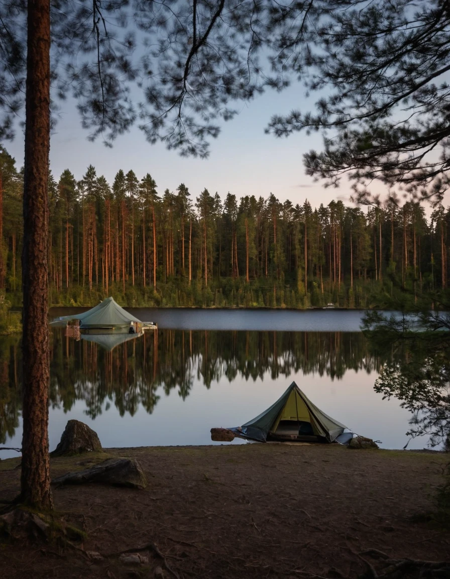 there is a tent set up on the shore of a lake, tent architecture, camping, campsites, camp, dusk setting, canopee, canopies, silk tarps hanging, well shaded, !!beautiful!!, by Jaakko Mattila, full subject shown in photo, by Jens Søndergaard, scenic full shot, near a lake