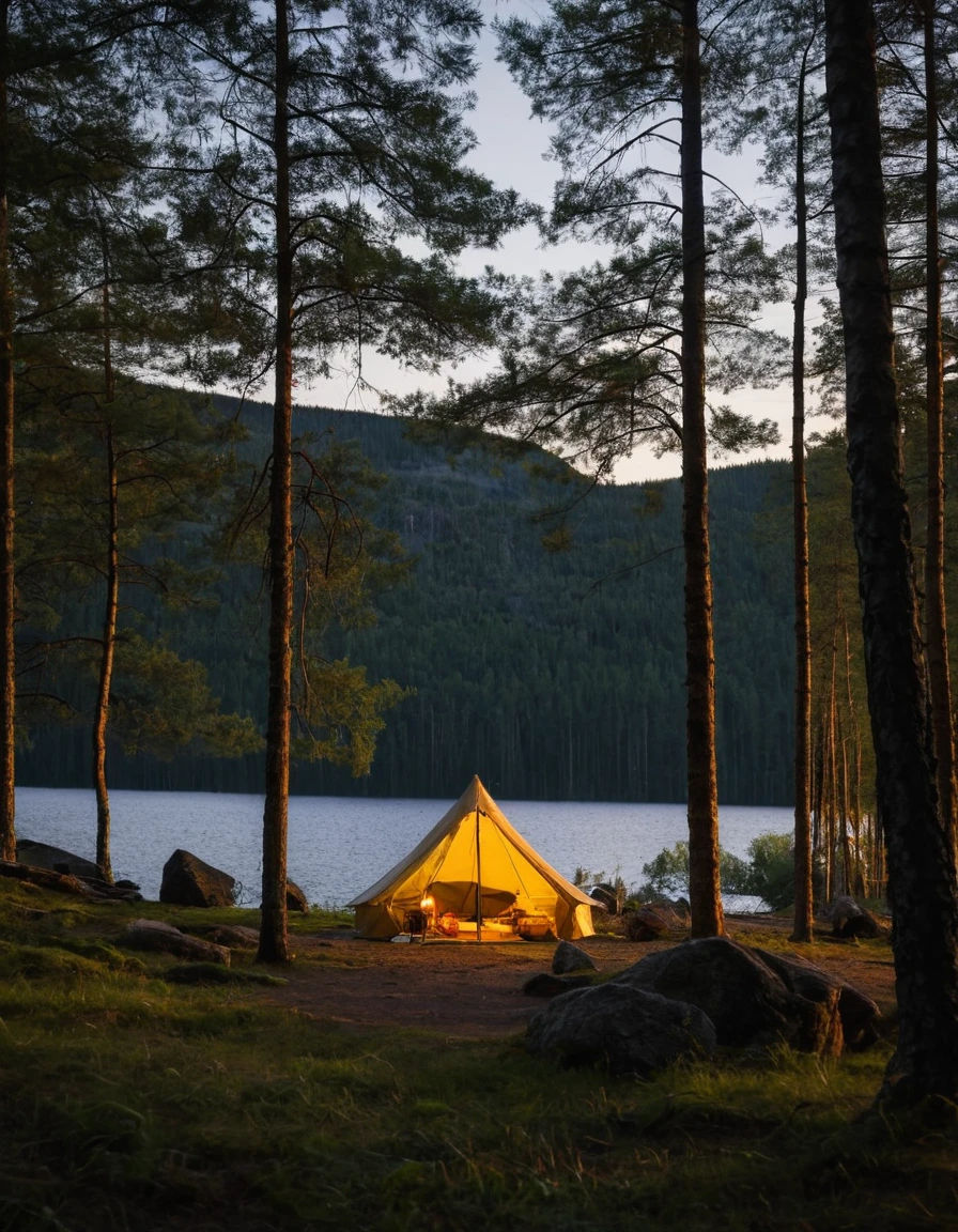 there is a tent set up on the shore of a lake, tent architecture, camping, campsites, camp, dusk setting, canopee, canopies, silk tarps hanging, well shaded, !!beautiful!!, by Jaakko Mattila, full subject shown in photo, by Jens Søndergaard, scenic full shot, near a lake