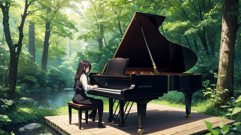 青い紅葉のwoodの下置かれた黒いグランドピアノ、wood々の間からwood漏れ日がキラキラしている、Makoto Shinkai-style anime touch、Deep green forest、1 grand piano