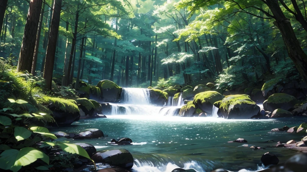青い紅葉のwoodの下置かれた黒いグランドピアノ、wood々の間からwood漏れ日がキラキラしている、Makoto Shinkai-style anime touch、Deep green forest、1 grand piano