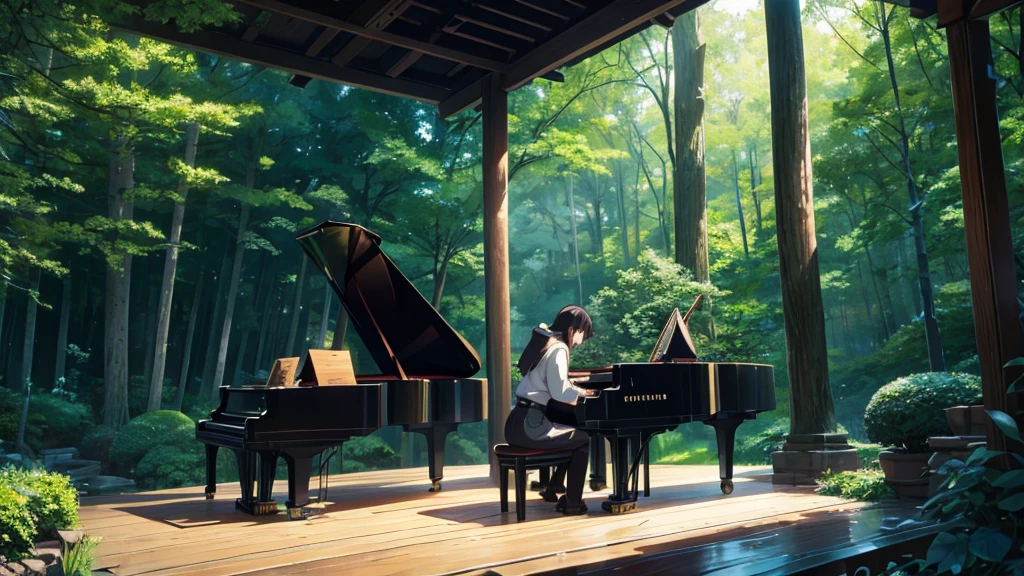 青い紅葉のwoodの下置かれた黒いグランドピアノ、wood々の間からwood漏れ日がキラキラしている、Makoto Shinkai-style anime touch、Deep green forest、1 grand piano